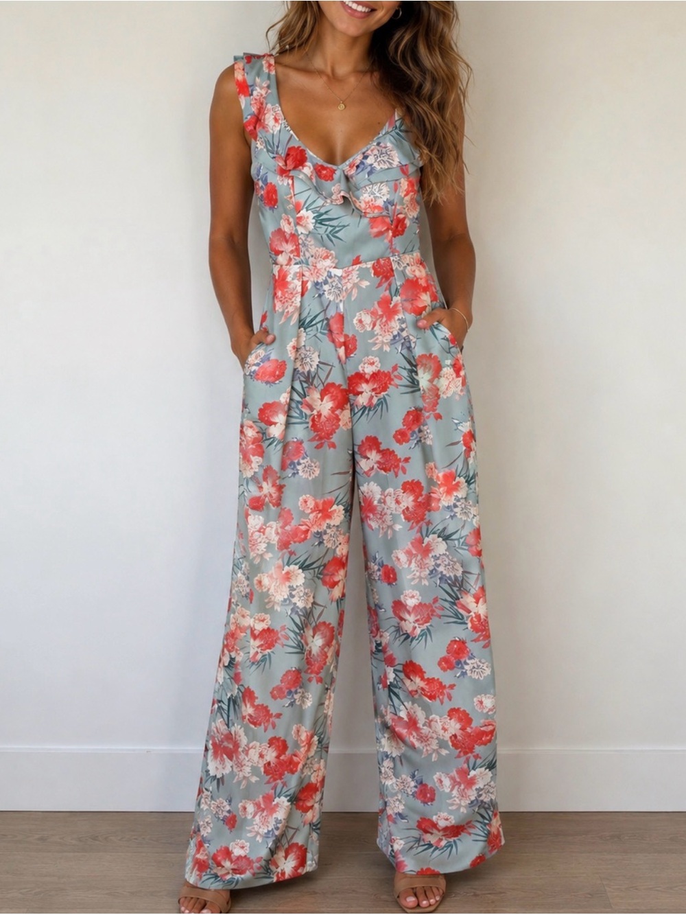 Floral Wide-Leg Jumpsuit - Light Blue & Coral